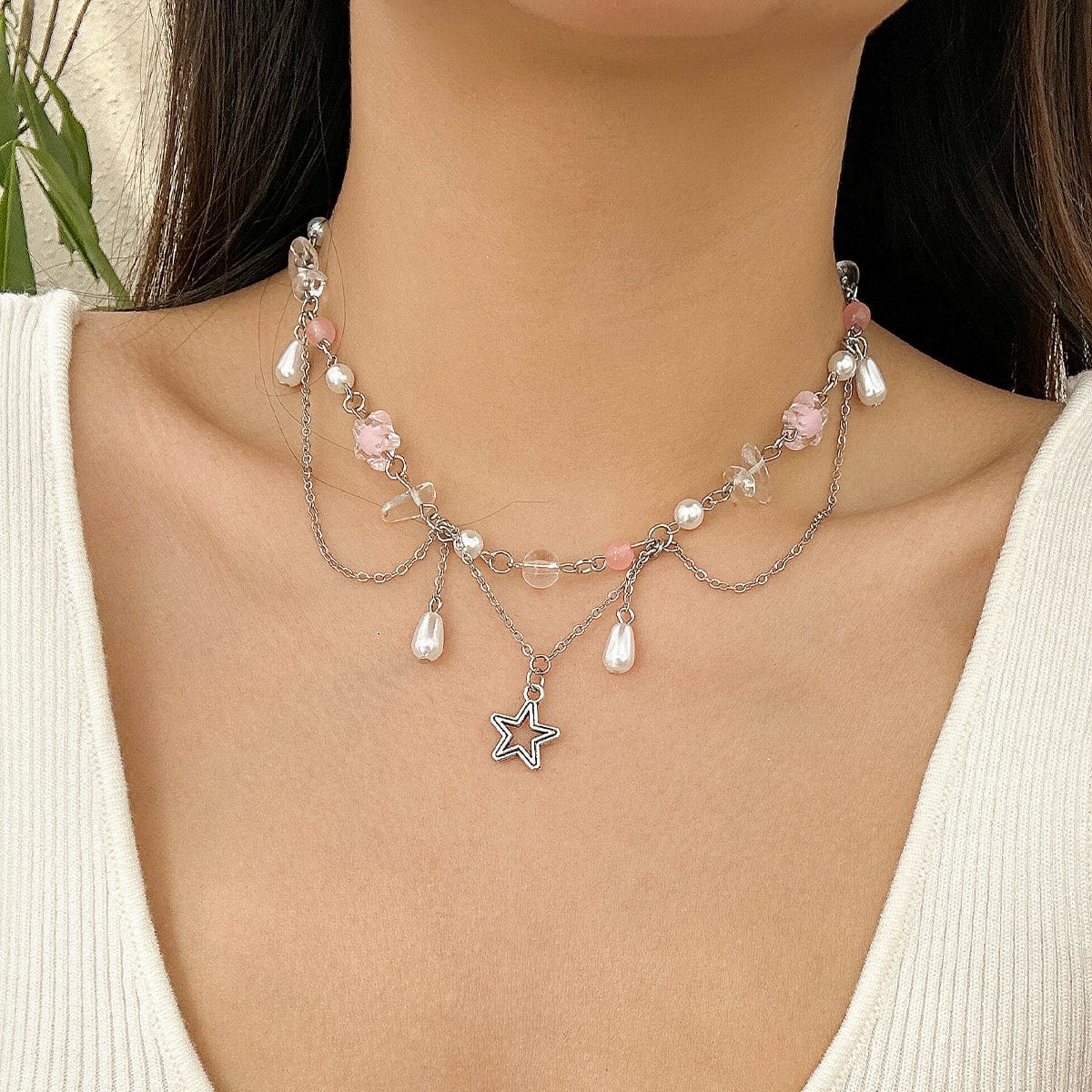 Chic Layered Hollow Star Pendant Pearl Crystal Chain Necklace