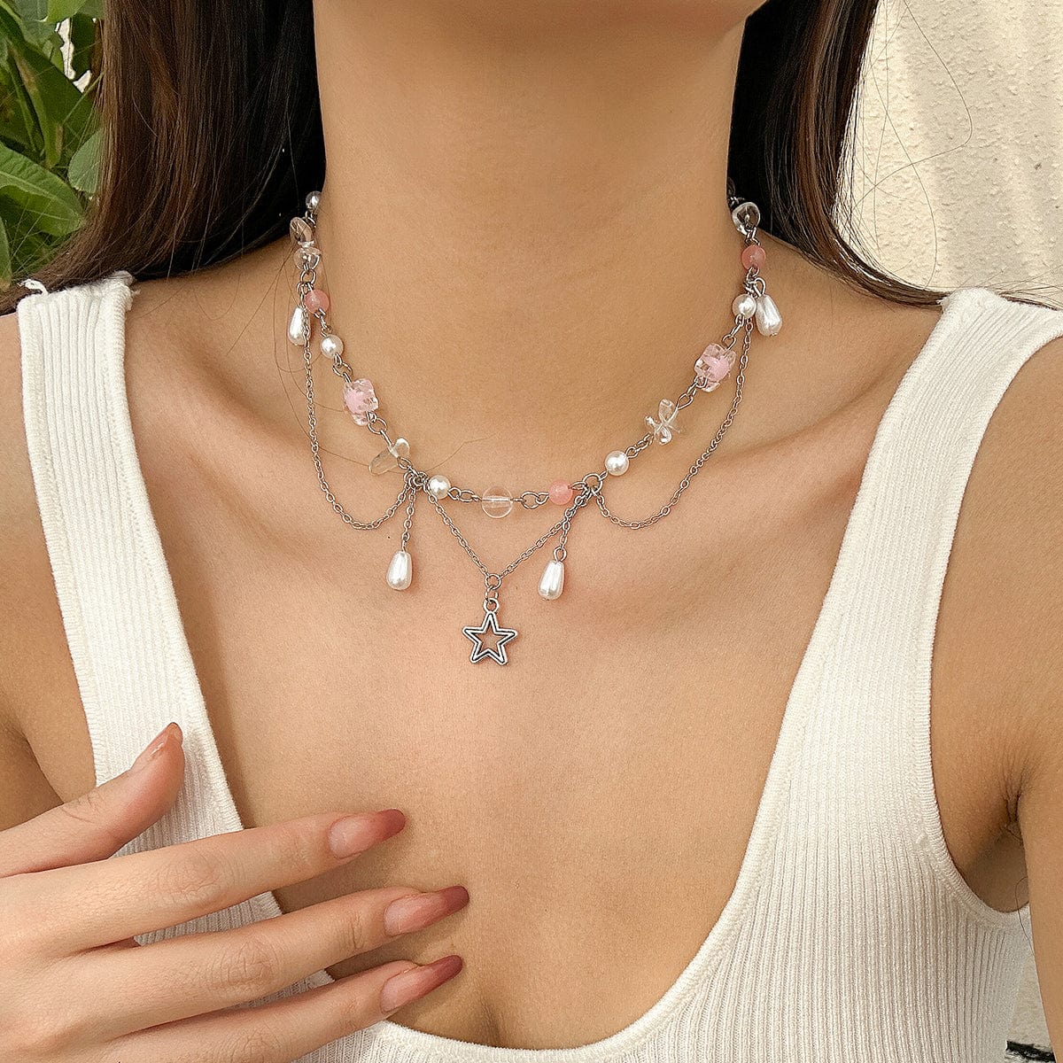 Chic Layered Hollow Star Pendant Pearl Crystal Chain Necklace