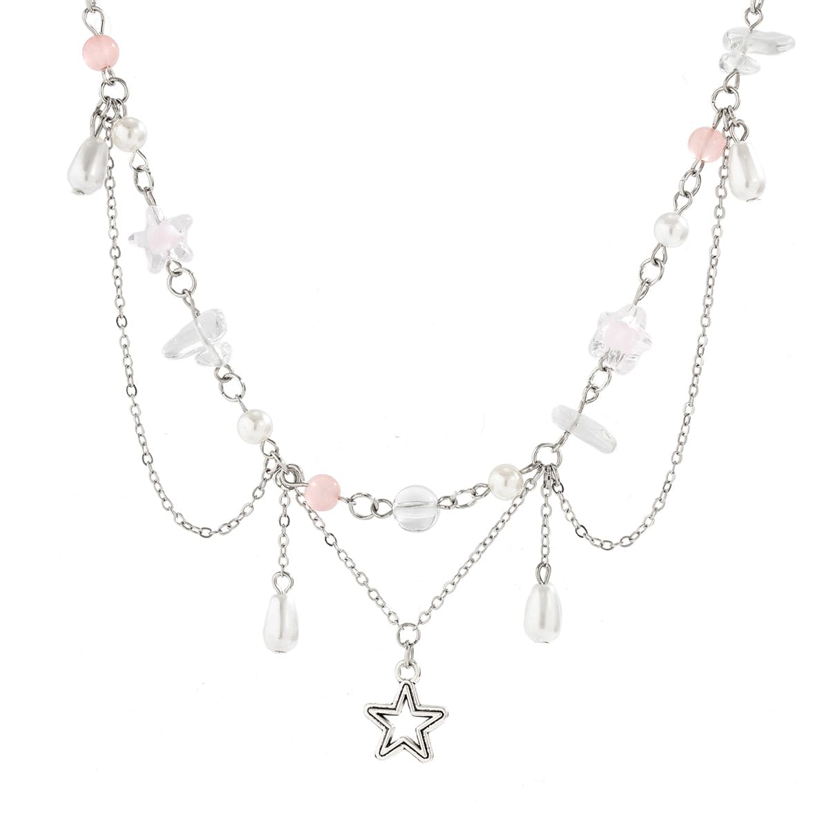 Chic Layered Hollow Star Pendant Pearl Crystal Chain Necklace