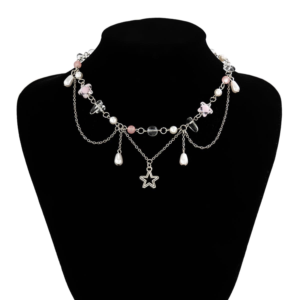 Chic Layered Hollow Star Pendant Pearl Crystal Chain Necklace