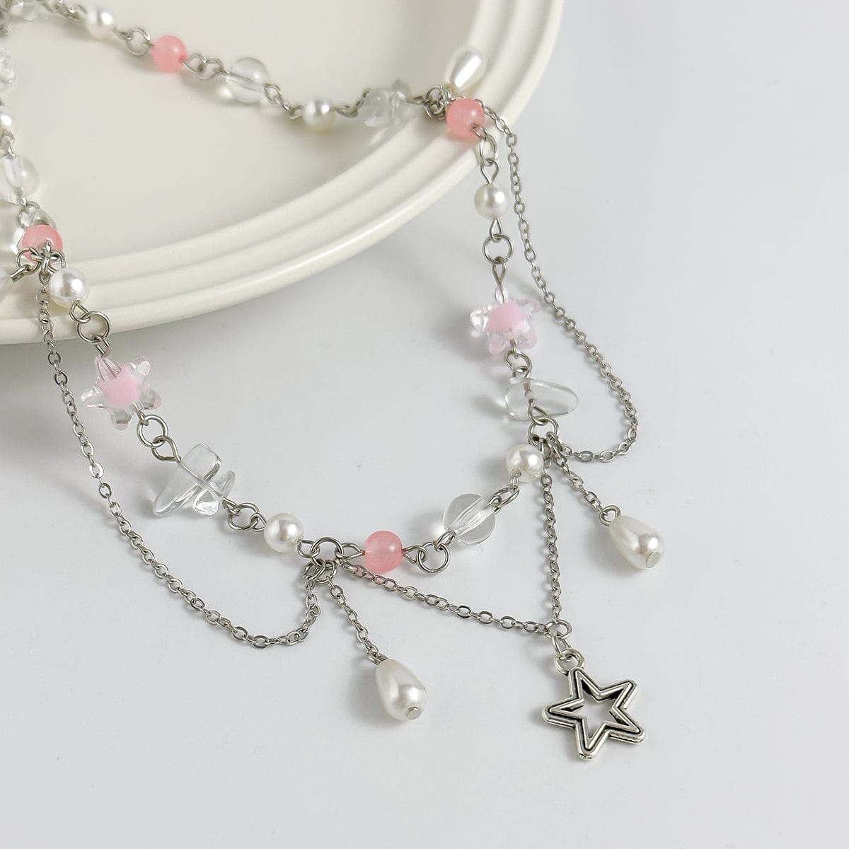 Chic Layered Hollow Star Pendant Pearl Crystal Chain Necklace