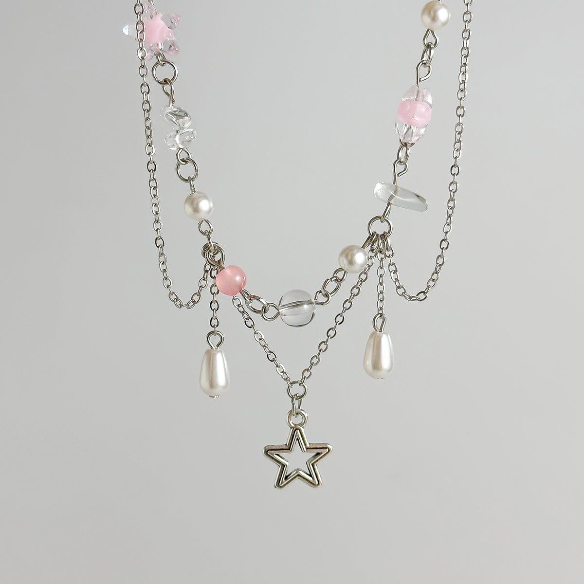 Chic Layered Hollow Star Pendant Pearl Crystal Chain Necklace