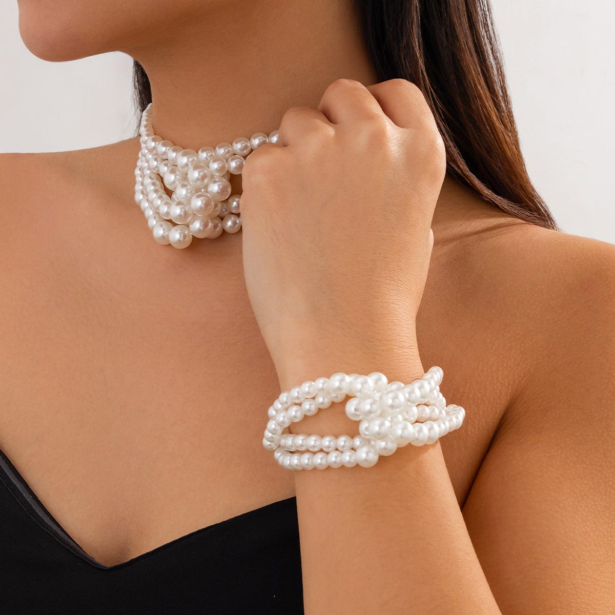 Chic Layered Knotted Pearl Chain Choker Necklace Bracelet