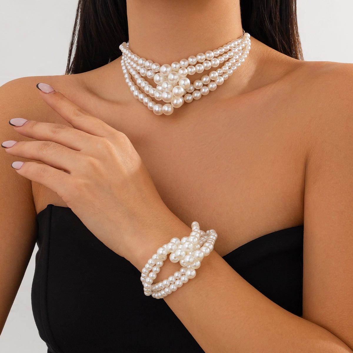 Chic Layered Knotted Pearl Chain Choker Necklace Bracelet