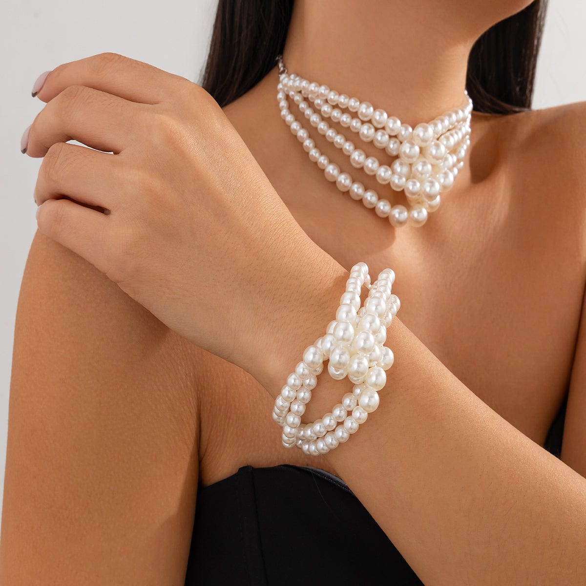 Chic Layered Knotted Pearl Chain Choker Necklace Bracelet