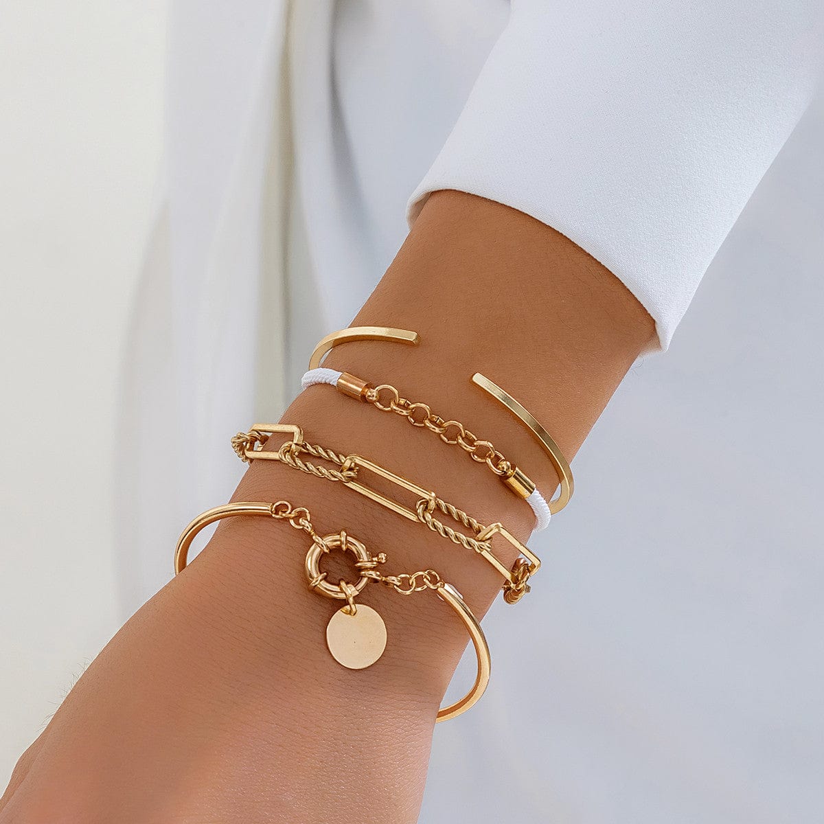 Chic Layered Knotted String Round Disk Cable Chain Bangle Bracelet Set - ArtGalleryZen