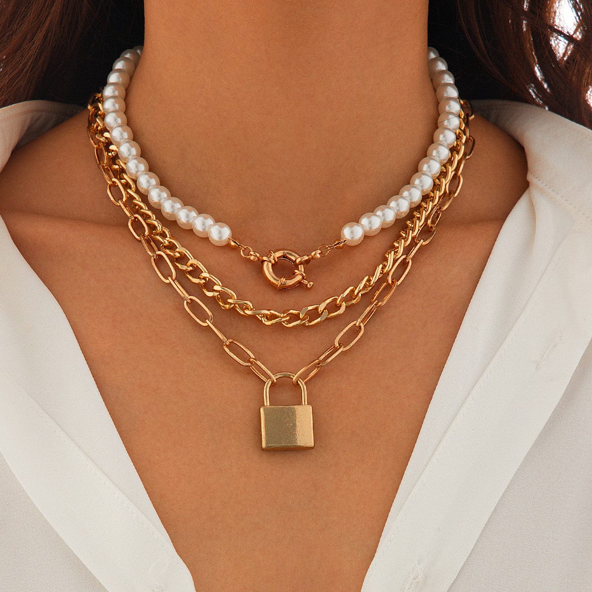 Chic Layered Lock Pendant Pearl Chain Necklace Set