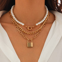 Thumbnail for Chic Layered Lock Pendant Pearl Chain Necklace Set