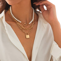 Thumbnail for Chic Layered Lock Pendant Pearl Chain Necklace Set