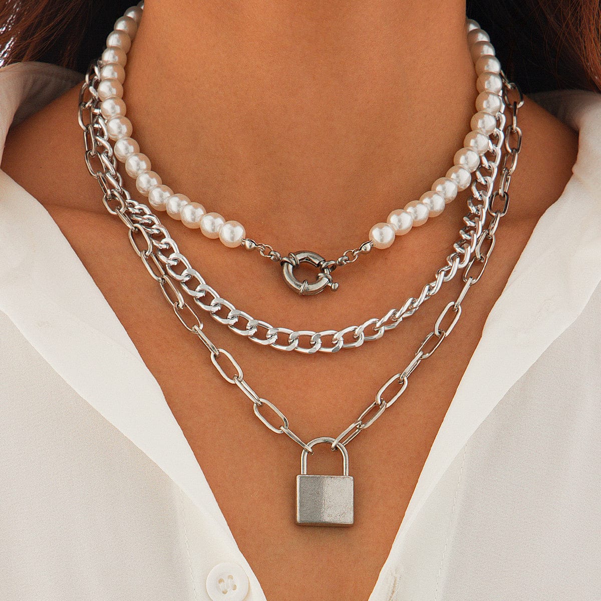 Chic Layered Lock Pendant Pearl Chain Necklace Set