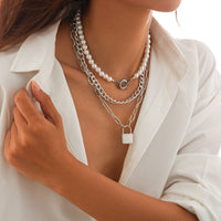 Thumbnail for Chic Layered Lock Pendant Pearl Chain Necklace Set