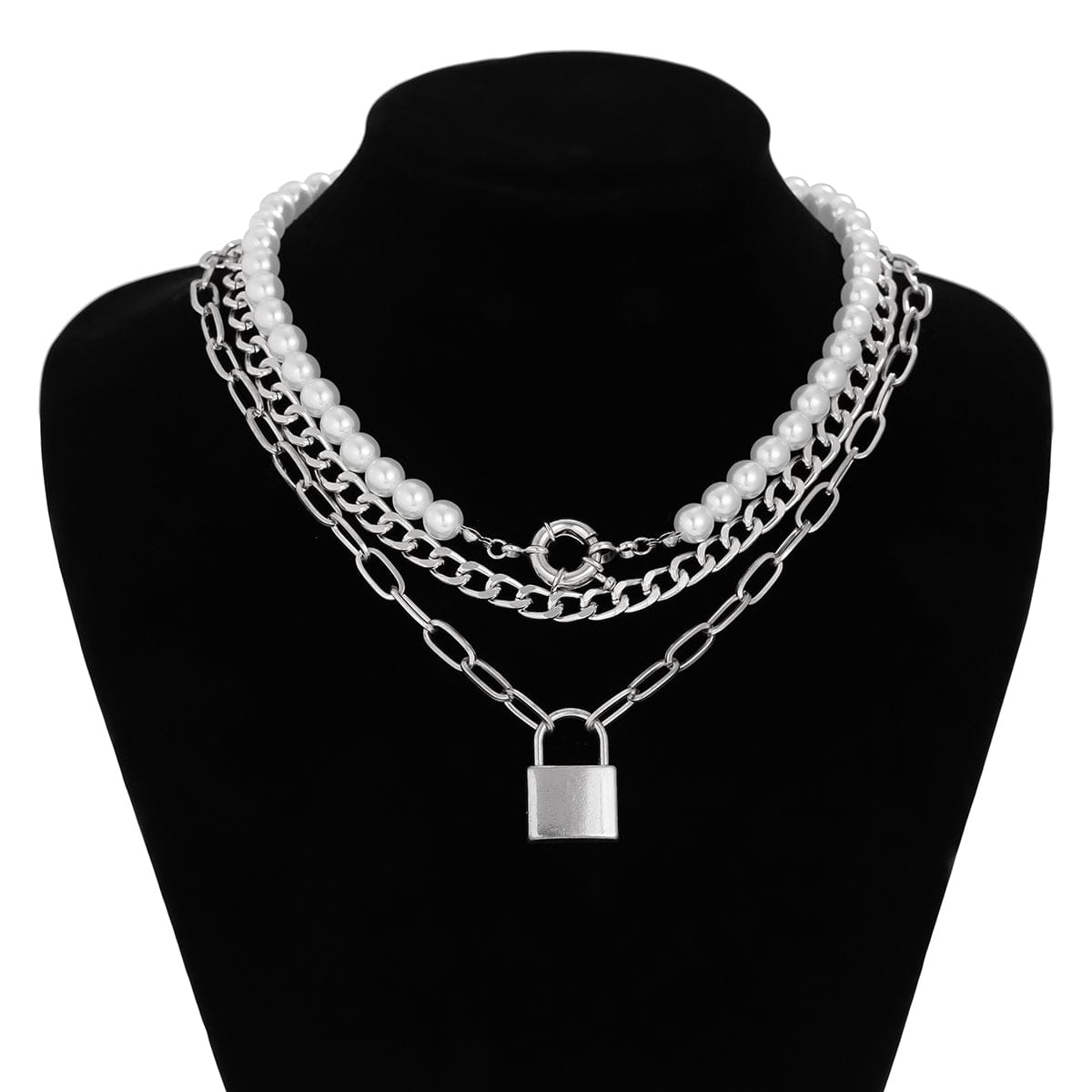 Chic Layered Lock Pendant Pearl Chain Necklace Set