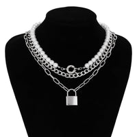 Thumbnail for Chic Layered Lock Pendant Pearl Chain Necklace Set