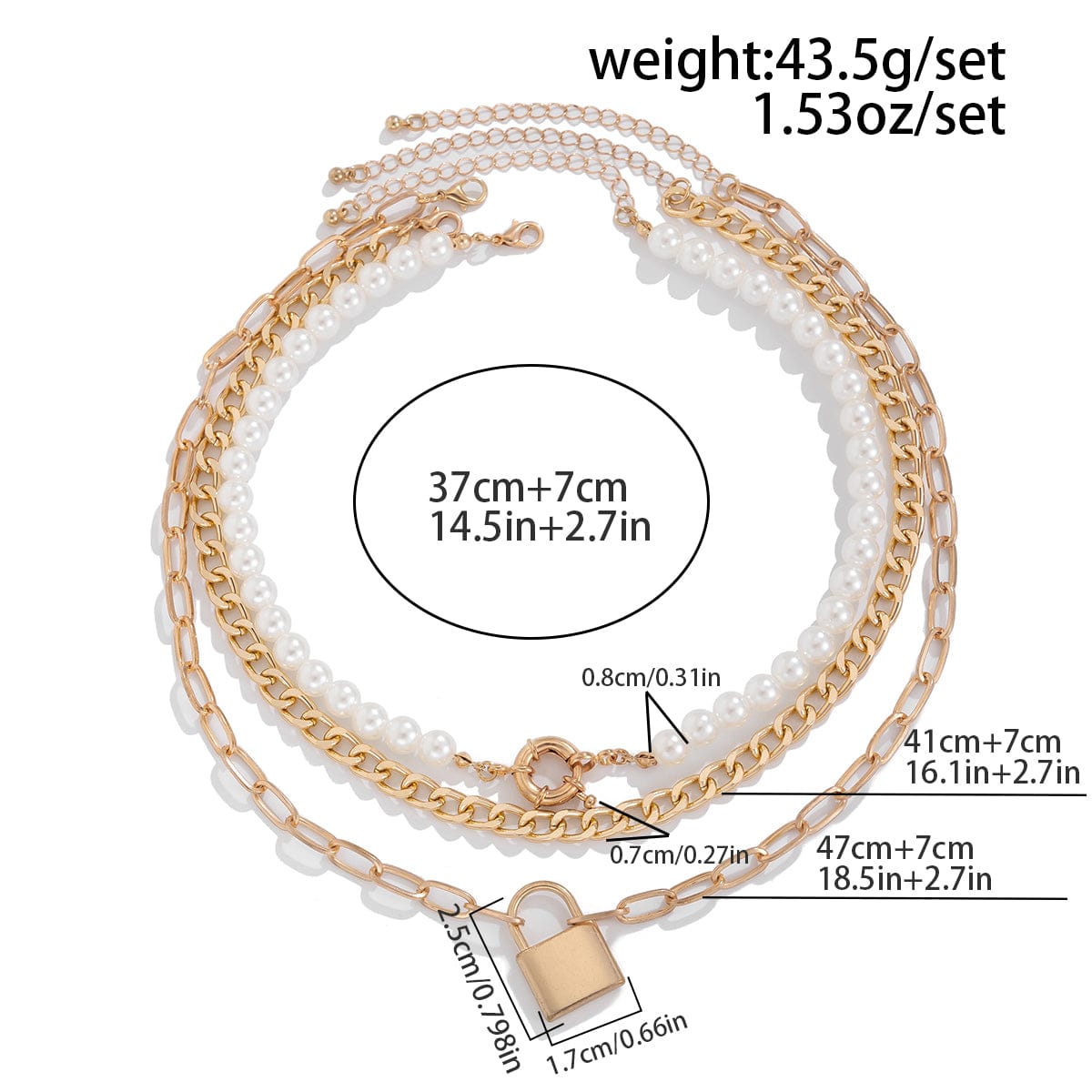 Chic Layered Lock Pendant Pearl Chain Necklace Set