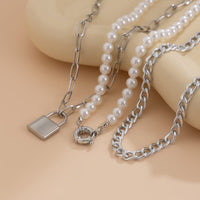 Thumbnail for Chic Layered Lock Pendant Pearl Chain Necklace Set