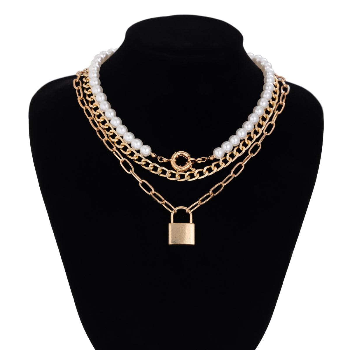 Chic Layered Lock Pendant Pearl Chain Necklace Set