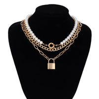 Thumbnail for Chic Layered Lock Pendant Pearl Chain Necklace Set