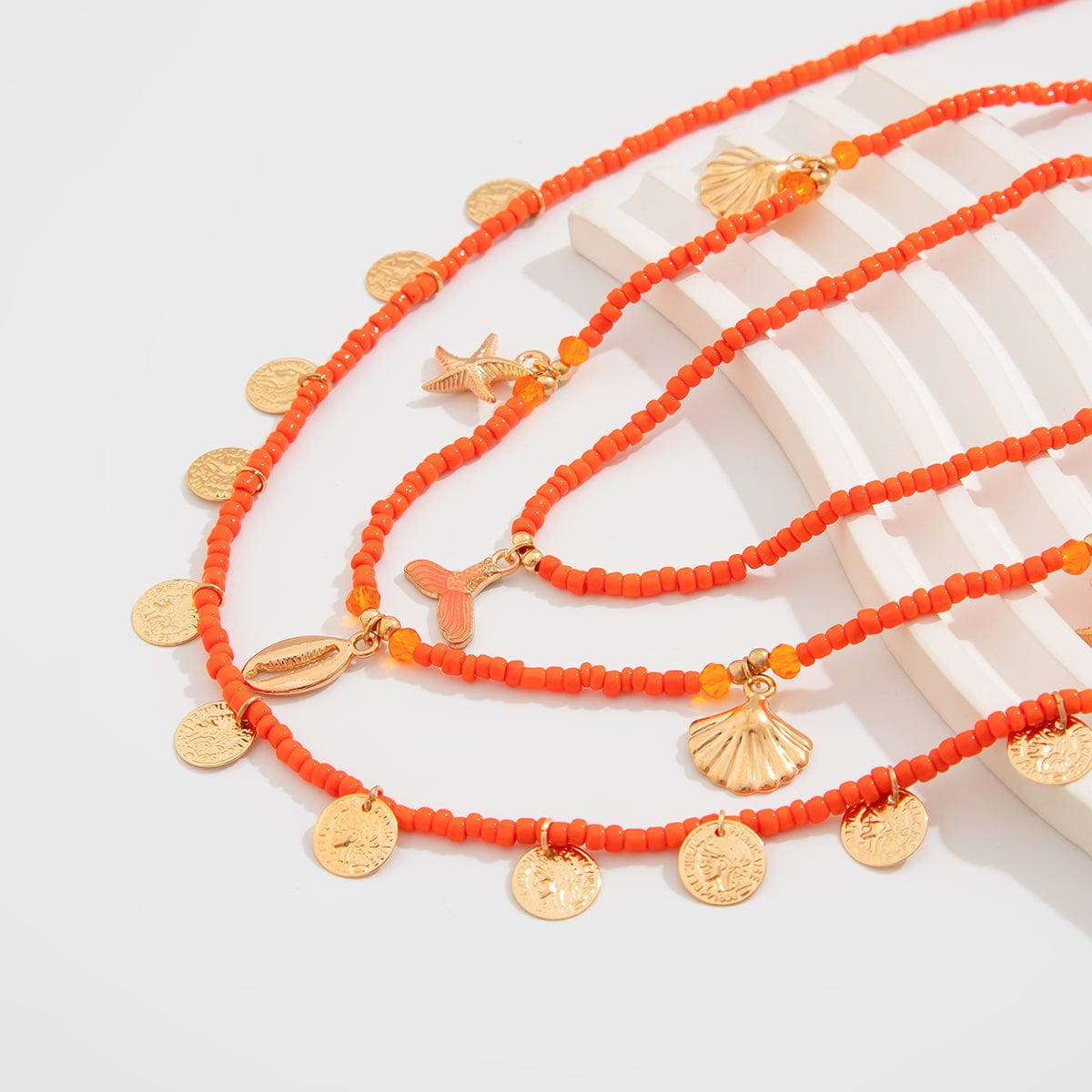 Chic Layered Mermaid Shell Starfish Tassel Seed Bead Necklace Set - ArtGalleryZen