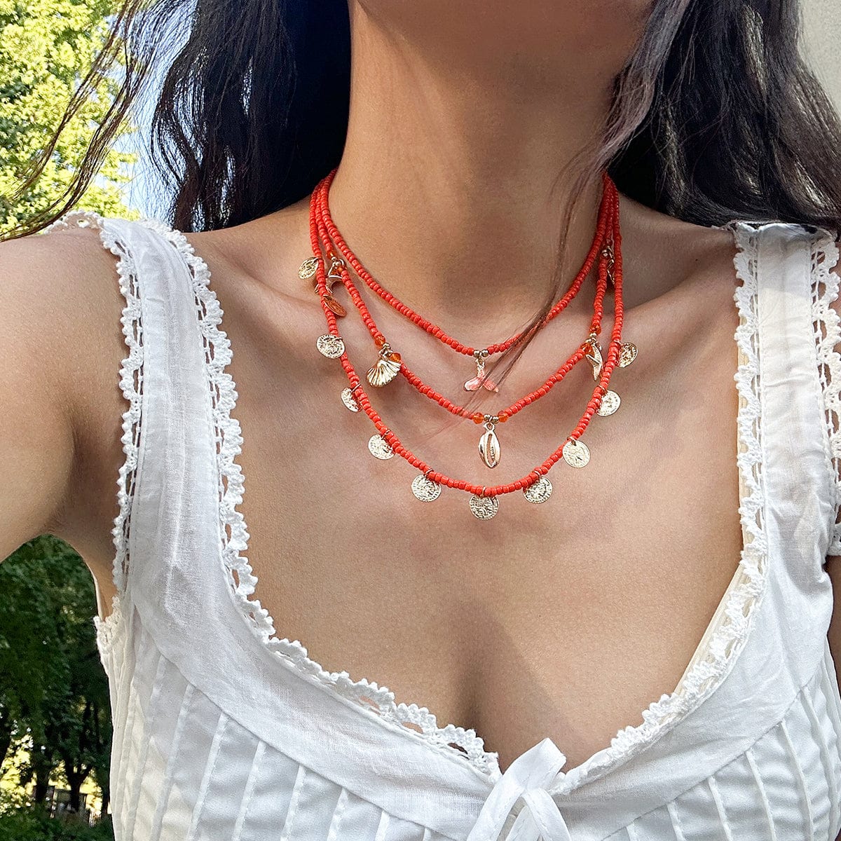 Chic Layered Mermaid Shell Starfish Tassel Seed Bead Necklace Set - ArtGalleryZen