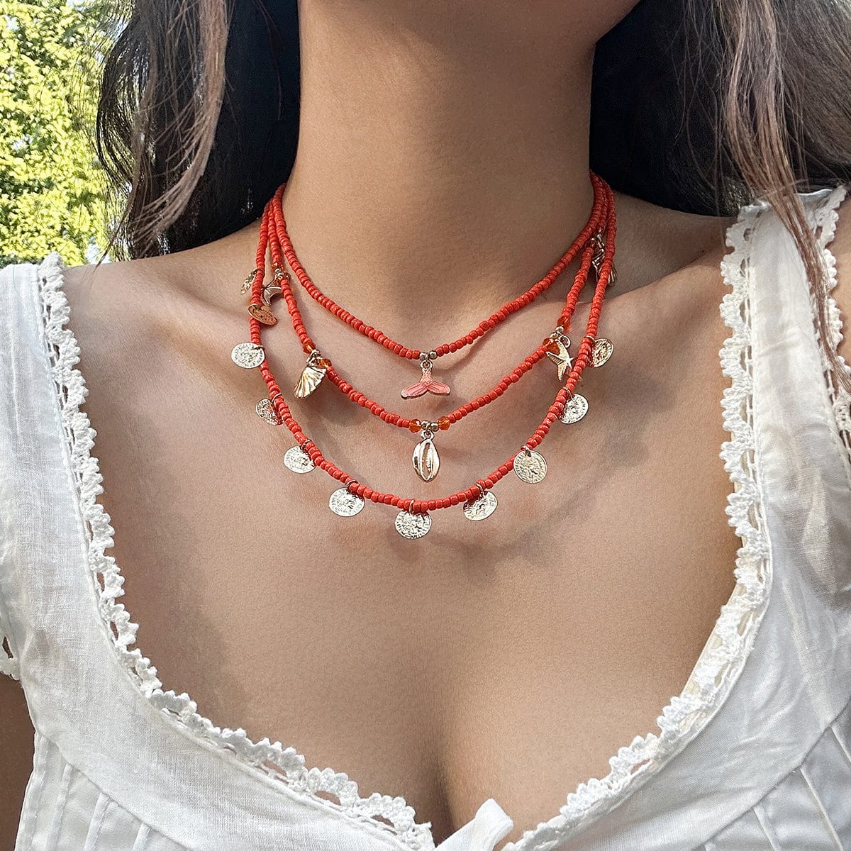 Chic Layered Mermaid Shell Starfish Tassel Seed Bead Necklace Set - ArtGalleryZen