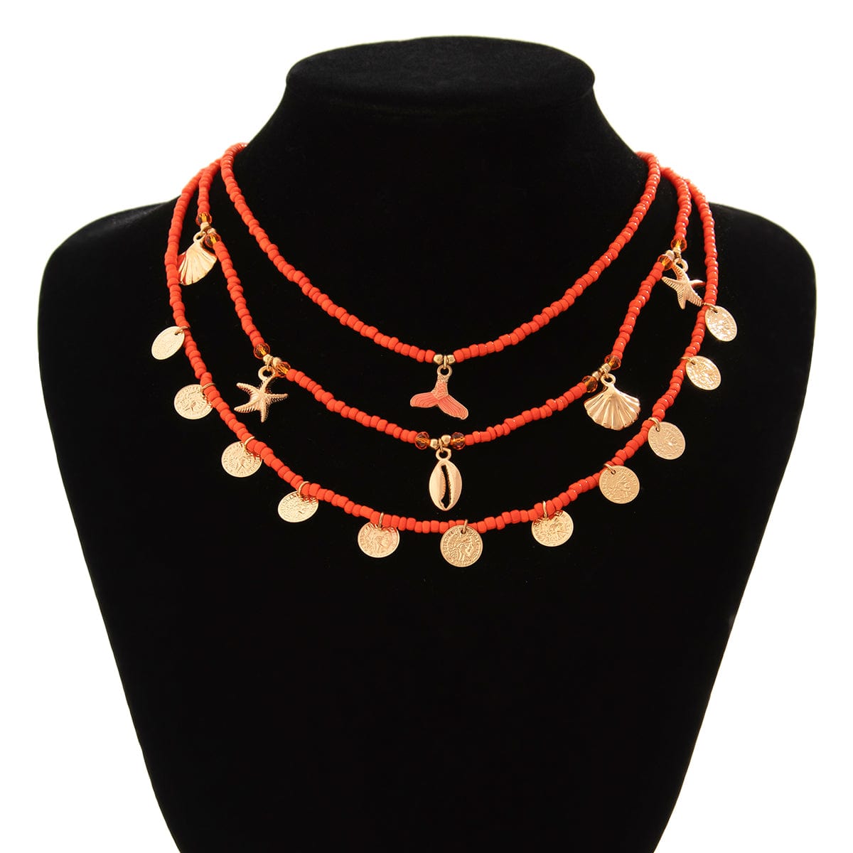 Chic Layered Mermaid Shell Starfish Tassel Seed Bead Necklace Set - ArtGalleryZen