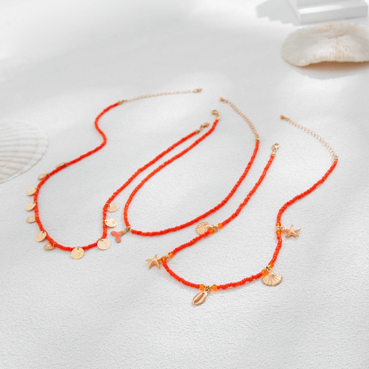 Chic Layered Mermaid Shell Starfish Tassel Seed Bead Necklace Set - ArtGalleryZen