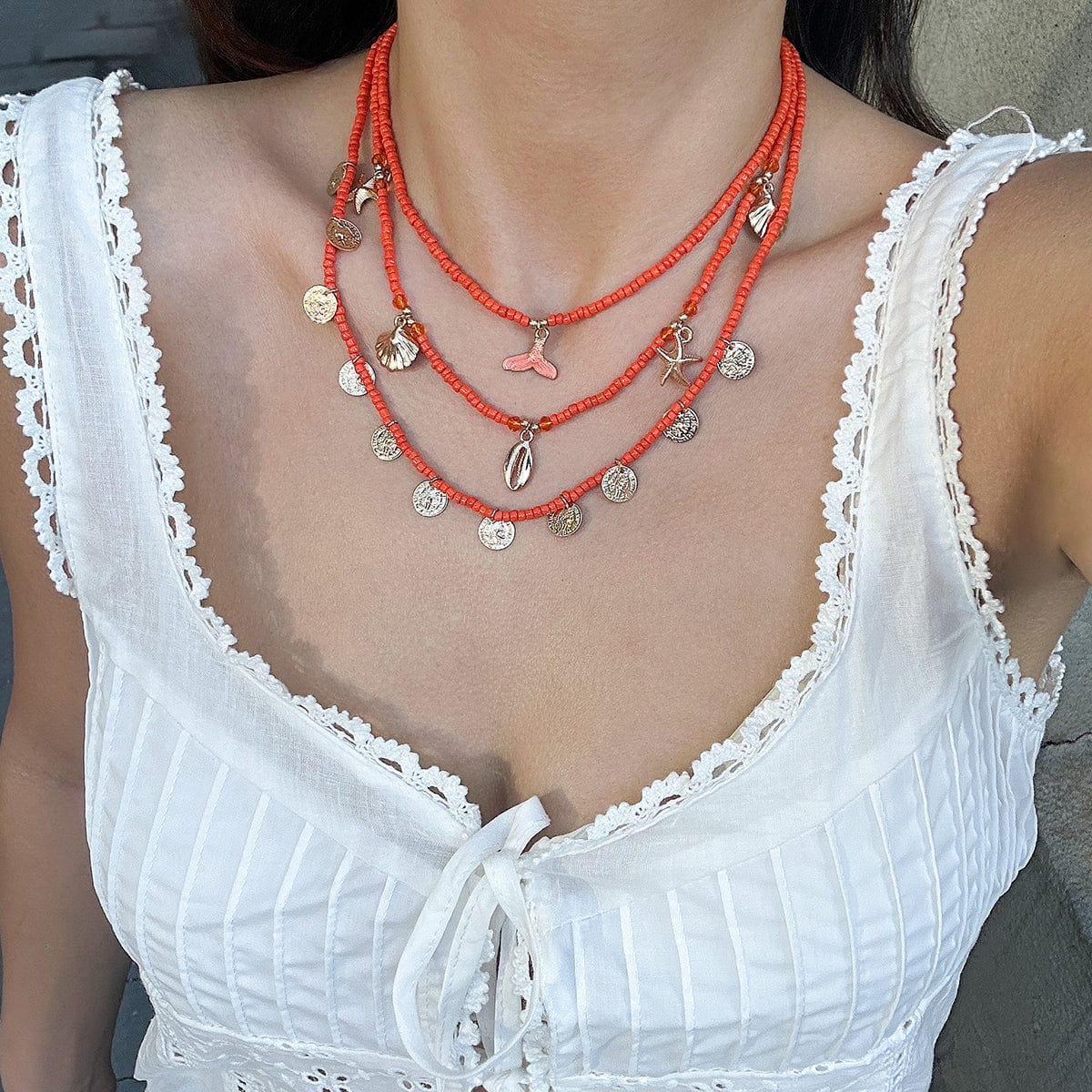 Chic Layered Mermaid Shell Starfish Tassel Seed Bead Necklace Set - ArtGalleryZen