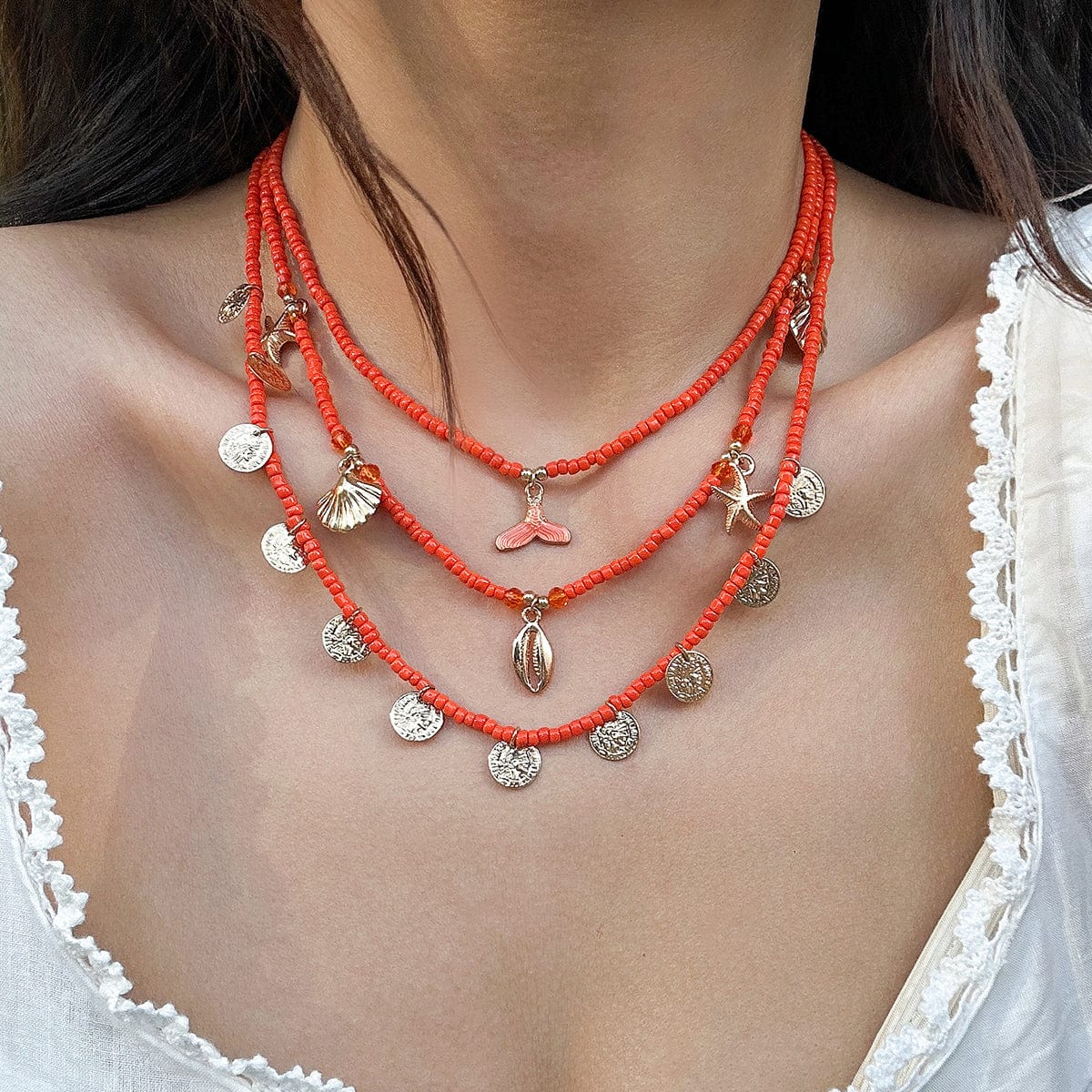 Chic Layered Mermaid Shell Starfish Tassel Seed Bead Necklace Set