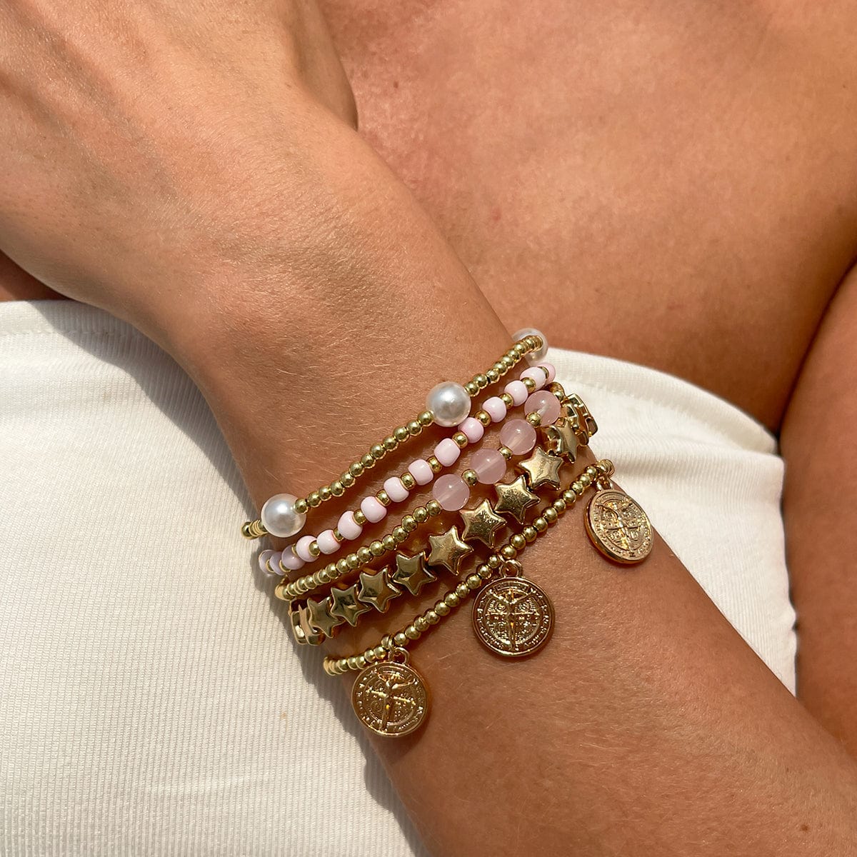 Chic Layered Pattern Round Disk Pearl Charm Seed Beaded Star Bracelet Set - ArtGalleryZen