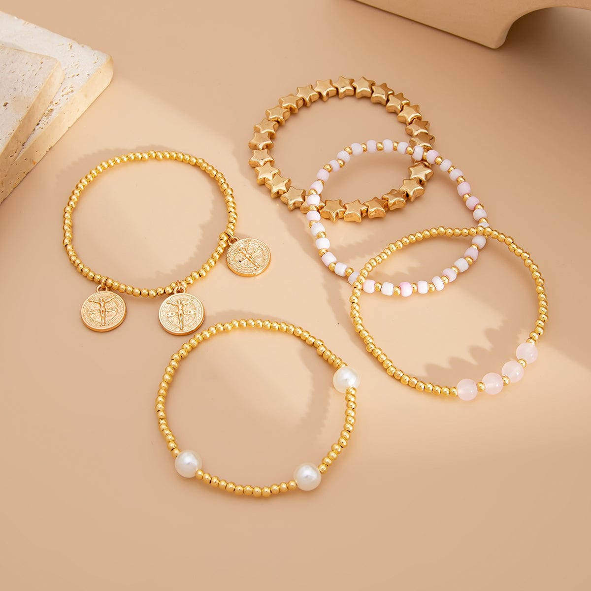 Chic Layered Pattern Round Disk Pearl Charm Seed Beaded Star Bracelet Set - ArtGalleryZen