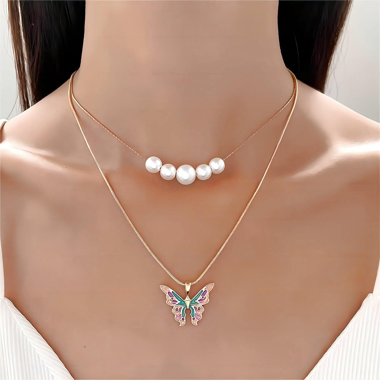 Chic Layered Pearl Charm Enamel Butterfly Necklace - ArtGalleryZen