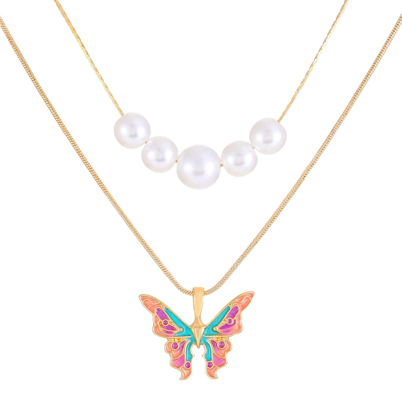 Chic Layered Pearl Charm Enamel Butterfly Necklace - ArtGalleryZen