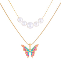 Thumbnail for Chic Layered Pearl Charm Enamel Butterfly Necklace - ArtGalleryZen
