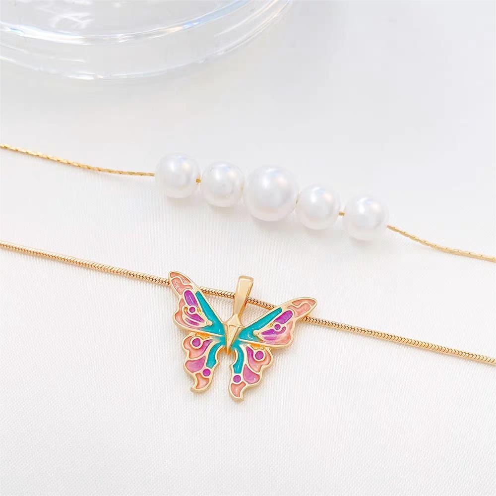 Chic Layered Pearl Charm Enamel Butterfly Necklace - ArtGalleryZen