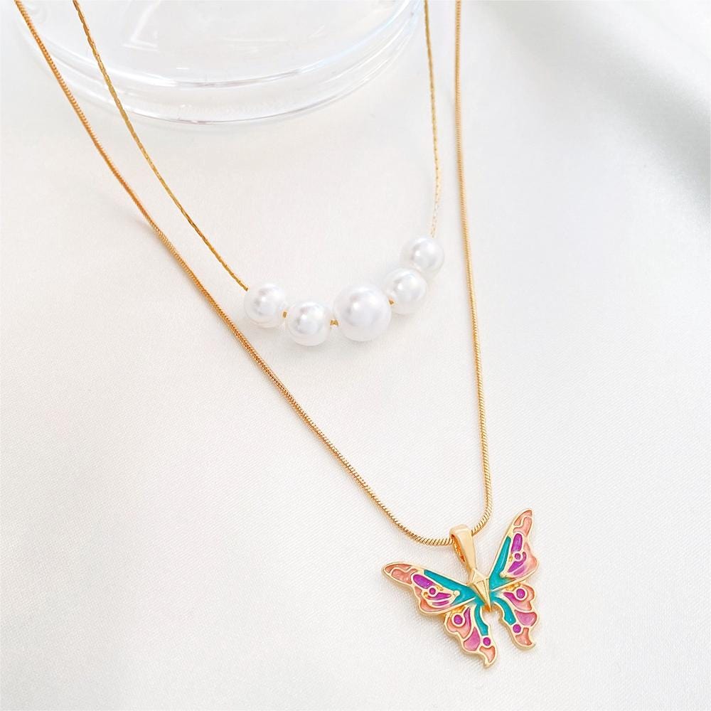 Chic Layered Pearl Charm Enamel Butterfly Necklace - ArtGalleryZen