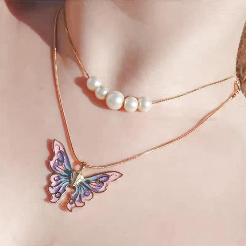 Chic Layered Pearl Charm Enamel Butterfly Necklace - ArtGalleryZen