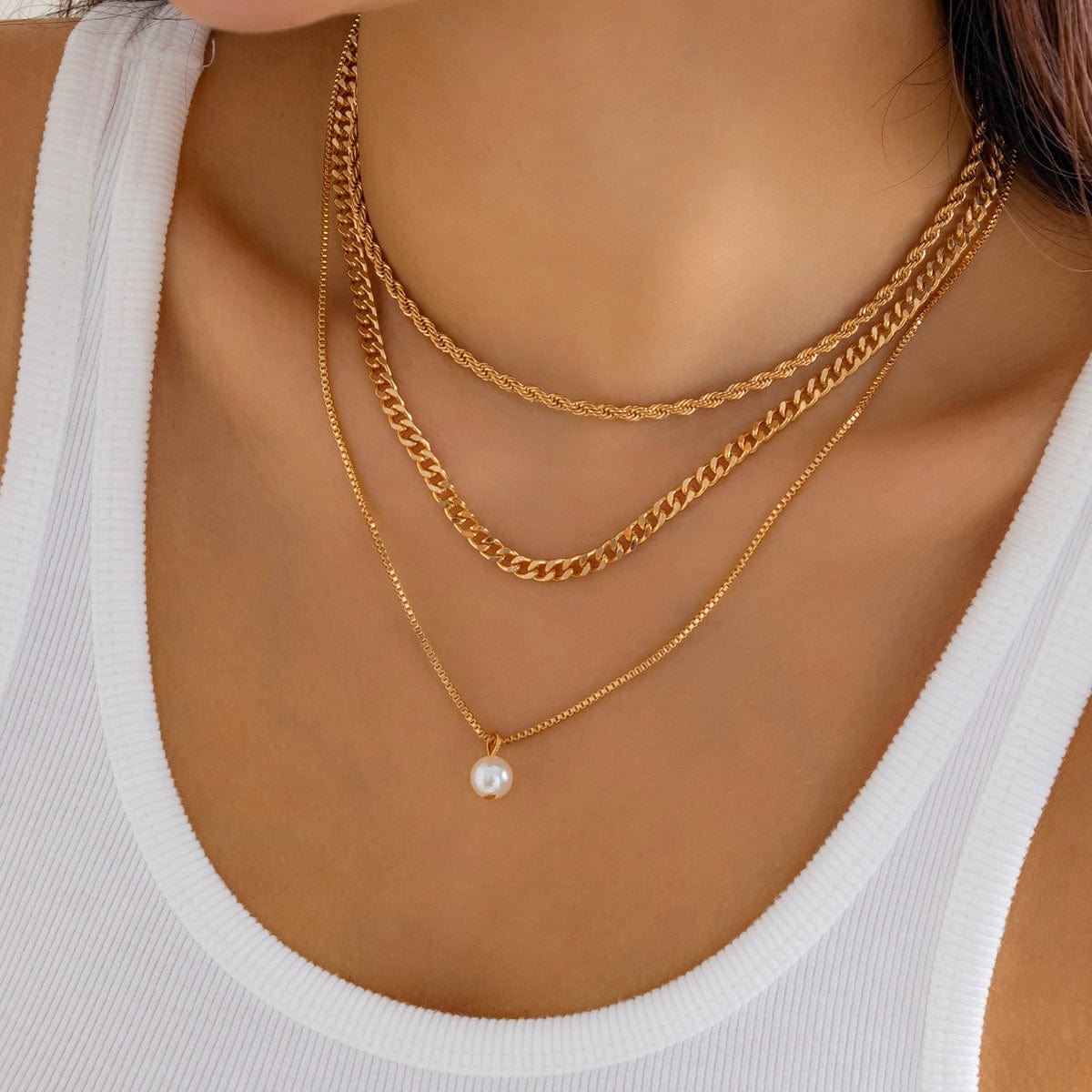 Chic Layered Pearl Pendant Curb Chain Necklace Set - ArtGalleryZen