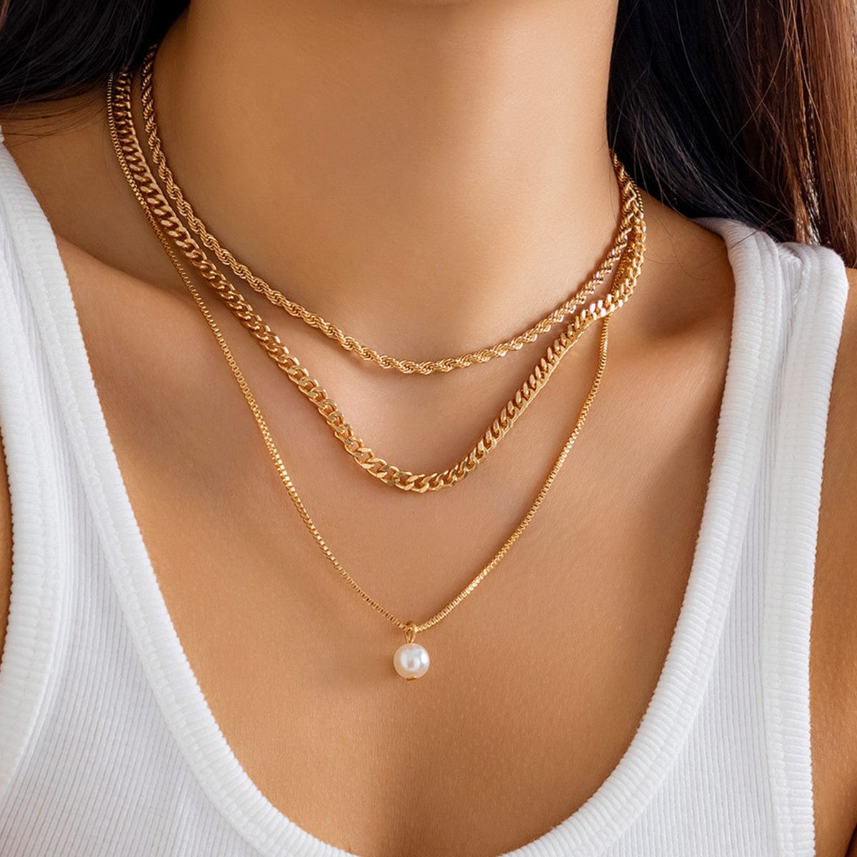 Chic Layered Pearl Pendant Curb Chain Necklace Set - ArtGalleryZen