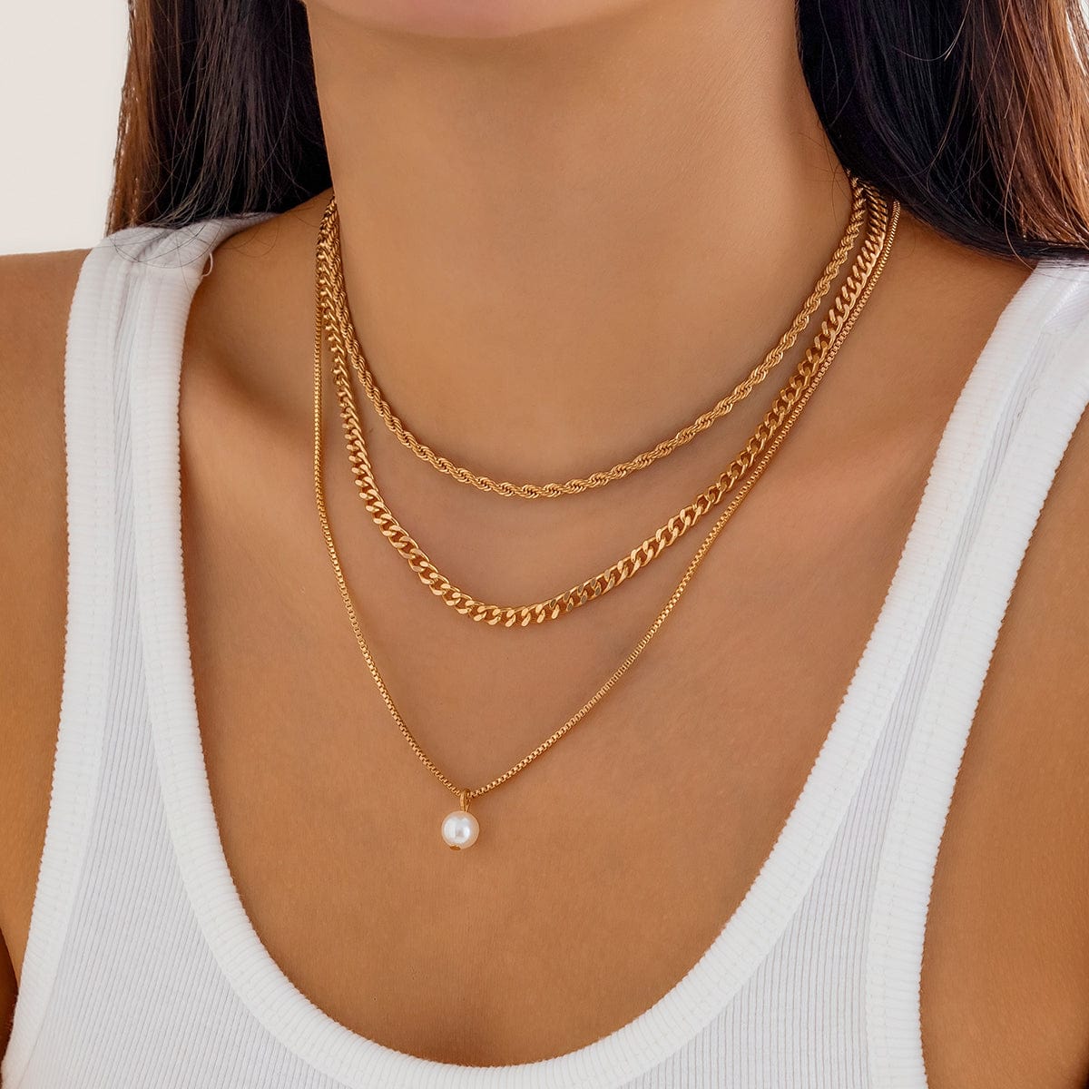 Chic Layered Pearl Pendant Curb Chain Necklace Set - ArtGalleryZen