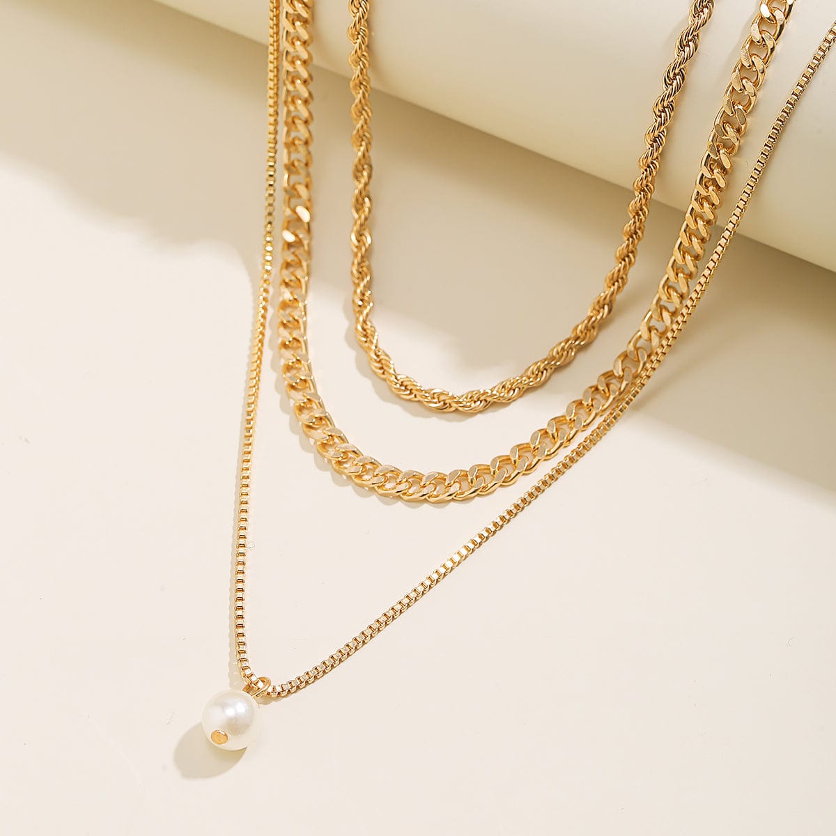 Chic Layered Pearl Pendant Curb Chain Necklace Set - ArtGalleryZen