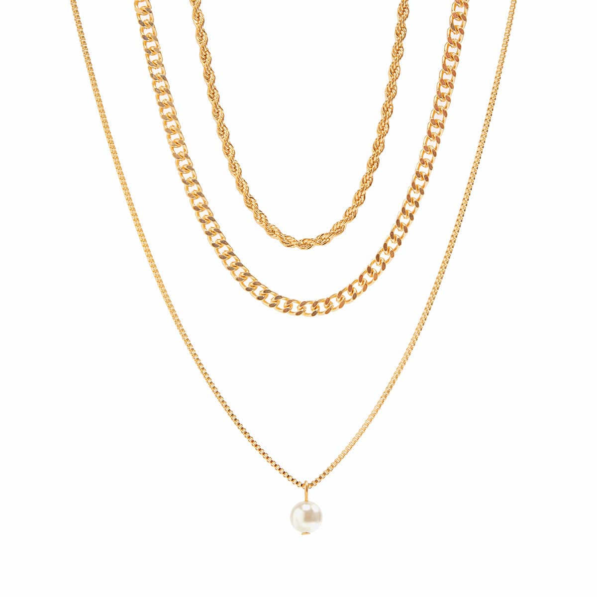 Chic Layered Pearl Pendant Curb Chain Necklace Set - ArtGalleryZen