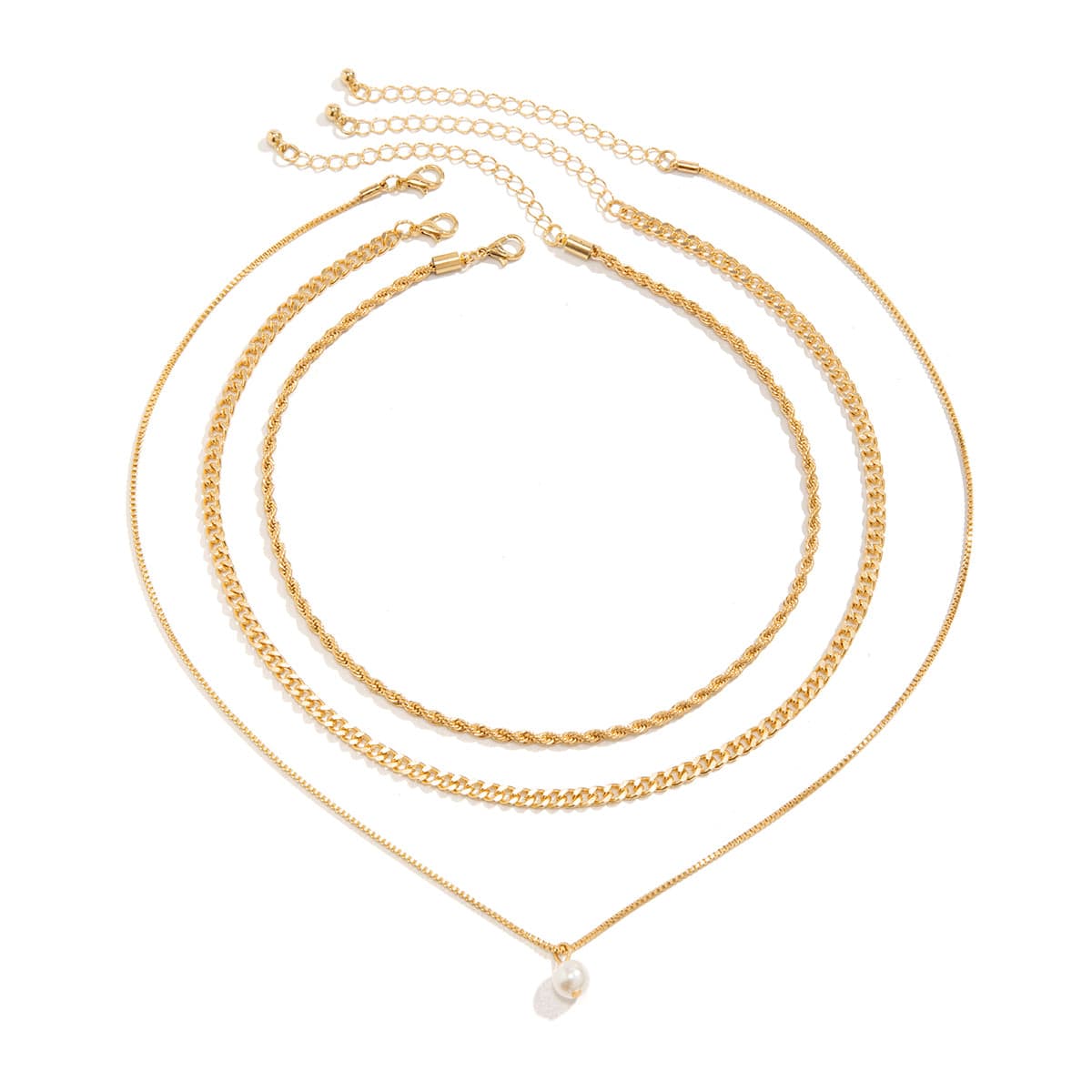 Chic Layered Pearl Pendant Curb Chain Necklace Set - ArtGalleryZen