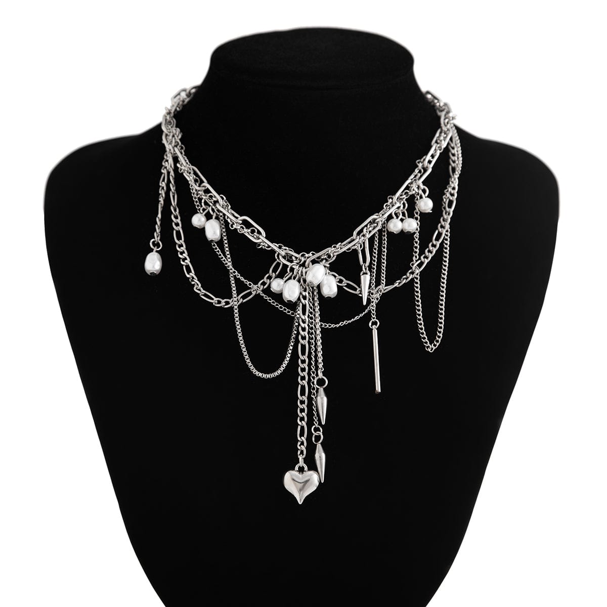 Chic Layered Pearl Rivet Tassel Heart Pendant Cable Chain Y Necklace - ArtGalleryZen