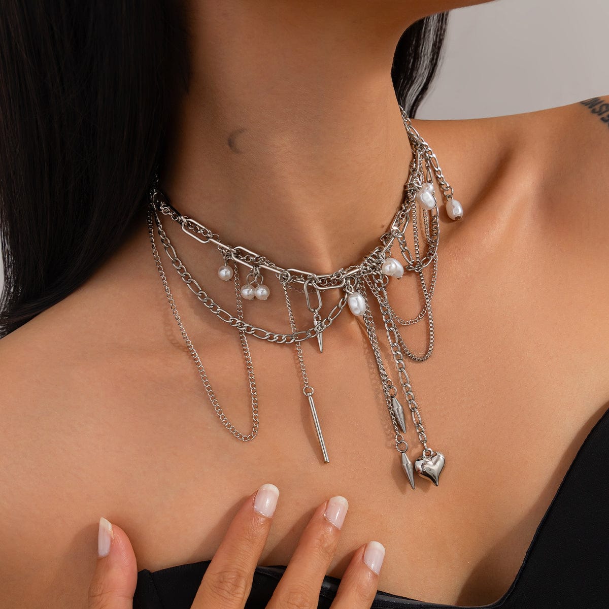 Chic Layered Pearl Rivet Tassel Heart Pendant Cable Chain Y Necklace - ArtGalleryZen
