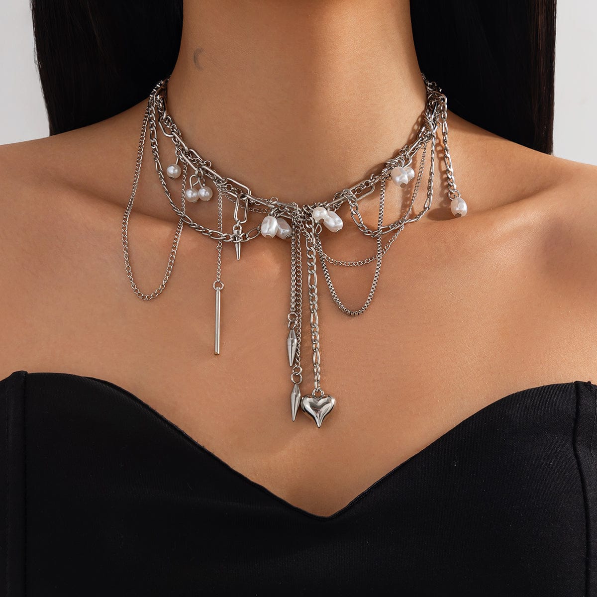 Chic Layered Pearl Rivet Tassel Heart Pendant Cable Chain Y Necklace - ArtGalleryZen