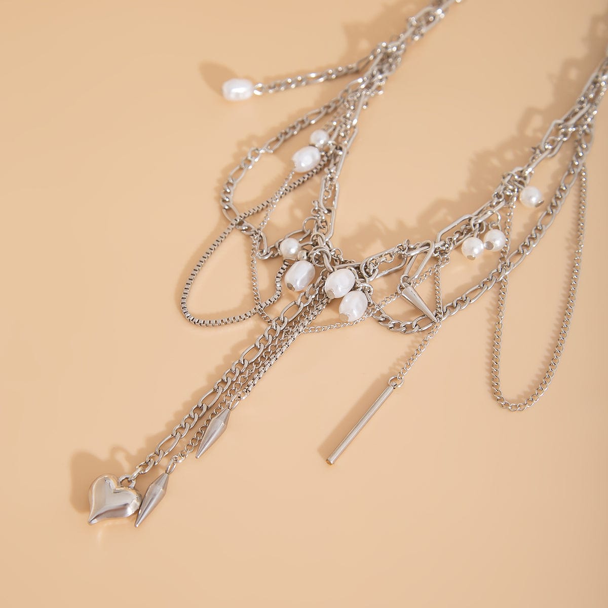 Chic Layered Pearl Rivet Tassel Heart Pendant Cable Chain Y Necklace - ArtGalleryZen