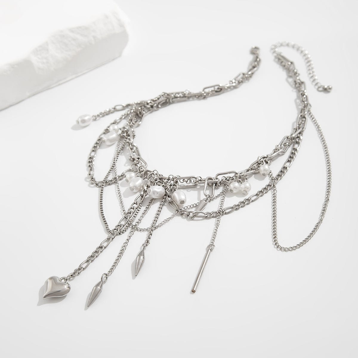 Chic Layered Pearl Rivet Tassel Heart Pendant Cable Chain Y Necklace - ArtGalleryZen