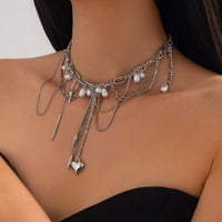 Thumbnail for Chic Layered Pearl Rivet Tassel Heart Pendant Cable Chain Y Necklace - ArtGalleryZen