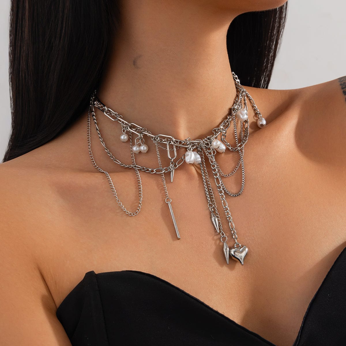 Chic Layered Pearl Rivet Tassel Heart Pendant Cable Chain Y Necklace - ArtGalleryZen