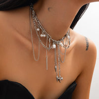 Thumbnail for Chic Layered Pearl Rivet Tassel Heart Pendant Cable Chain Y Necklace